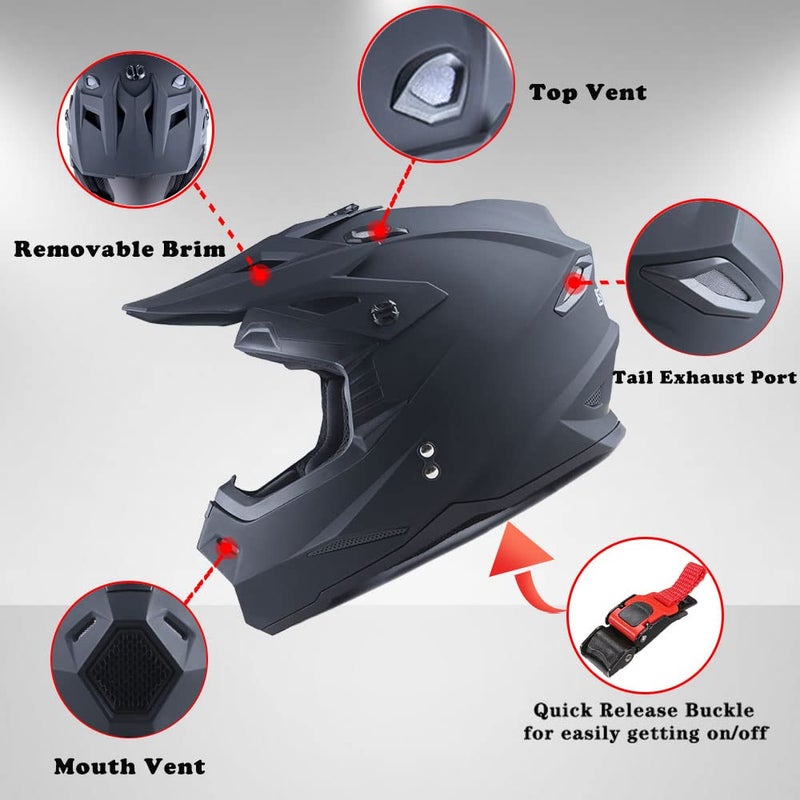 1Storm Adult Motocross Helmet BMX MX ATV Dirt Bike Four Wheeler Quad Motorcycle Full Face Helmet Racing Style: HF801 Matt Black - Image 5